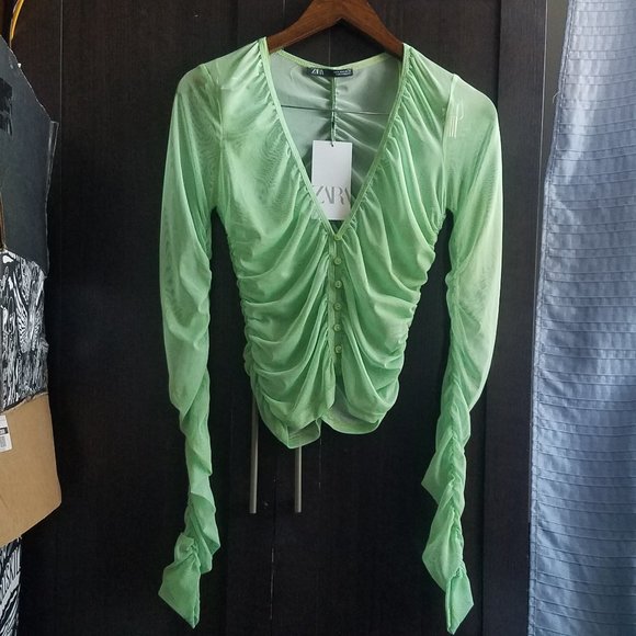 NWT GREEN RUCHED TULLE TOP - Picture 1 of 5